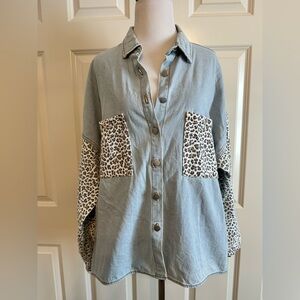 Leopard Print Oversized Denim Button-Up Shirt